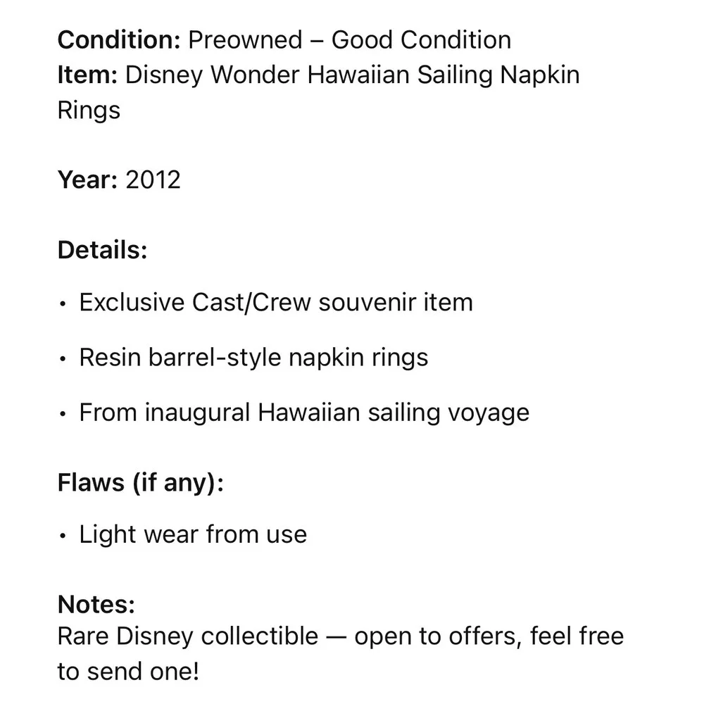 Disney Cruise Line Wonder Hawaiian Inaugural Sailing Resin Napkin Rings Set of 3